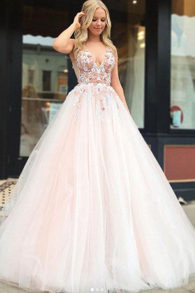 Light Pink V Neck Sleeveless Tulle Prom Dress with Flowers and Beads N2388