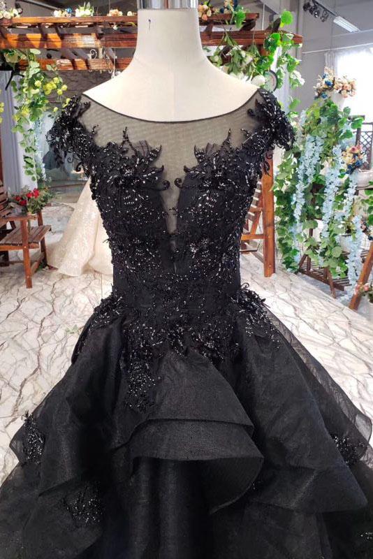 Puffy Cap Sleeves Black Long Prom Dress with Appliques, Charming Beading Formal Dress N2053