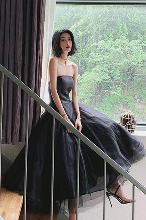 Black Strapless Tulle Homecoming Dress Puffy Ankle Length Formal Dresses N2139