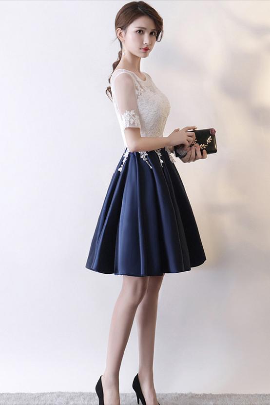 Dark Blue Knee Length Satin Homecoming Dress with Short Sleeves, Short Prom Dress with Lace N2223