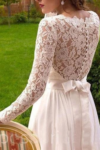 Vintage Long Sleeves Chiffon Wedding Dress with Lace, Flowy Beach Wedding Dress N2431