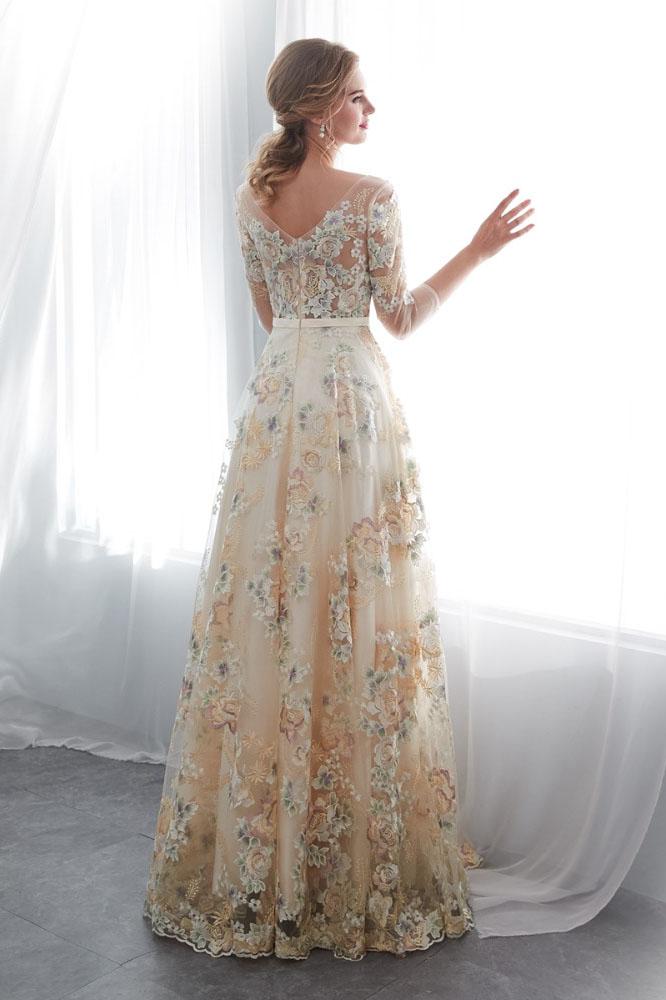 A Line Floor Length Floral Prom Dresses 3/4 Sleeves A-line Empire Waist Long Evening Gowns N2277