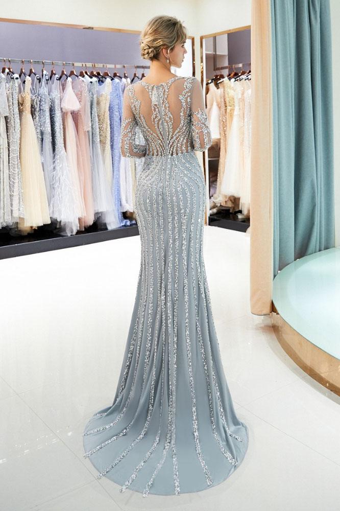 Gray Beaded Evening Dresses Luxury Mermaid Crystal Sweep Train Long Sleeves Prom Dress N2281