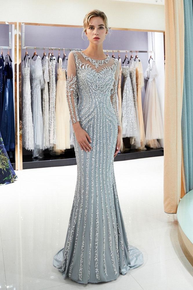 Gray Beaded Evening Dresses Luxury Mermaid Crystal Sweep Train Long Sleeves Prom Dress N2281