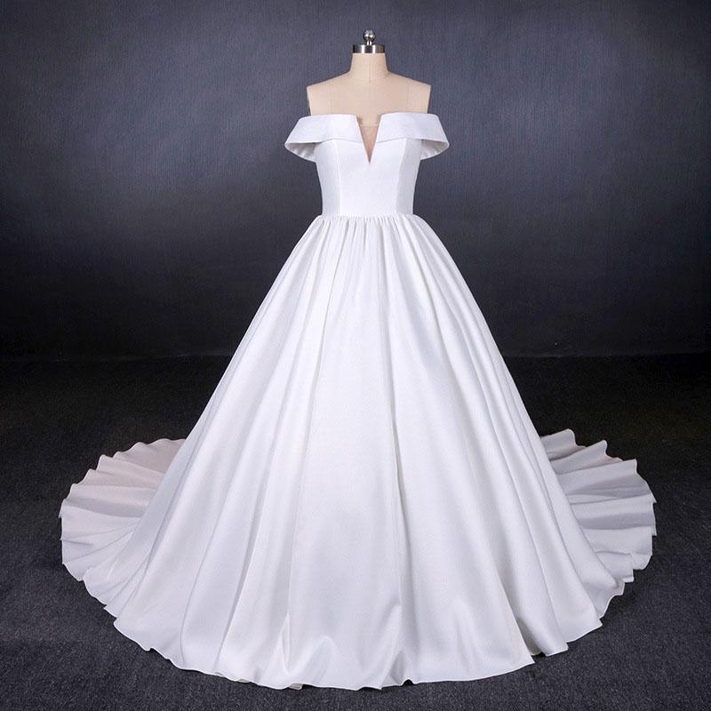 Puffy Off the Shoulder Satin Wedding Dress, Ball Gown Long Bridal Dress with Long Train N2286