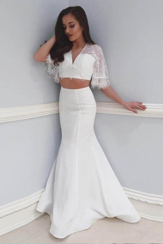 Two Piece Beach Wedding Dress with Lace, 2 Piece Mermaid V Neck Prom Dresses N1785