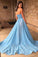 Sexy A Line Strapless Split Sweep Train Long Prom Dress, Unique Blue Formal Dresses N2577