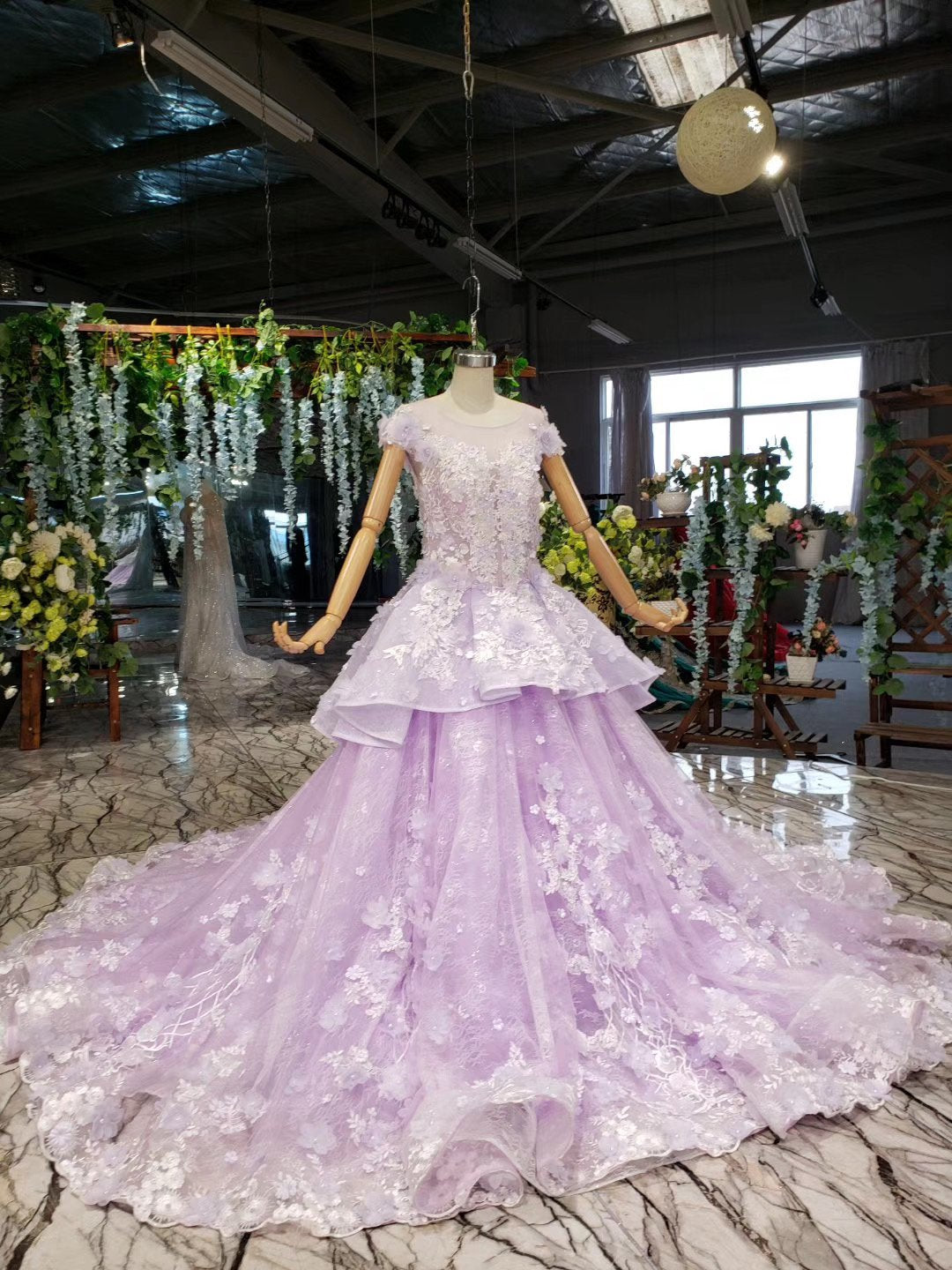 Lilac Ball Gown Short Sleeve Prom Dresses with Flowers, Gorgeous Quinceanera Dress N2626