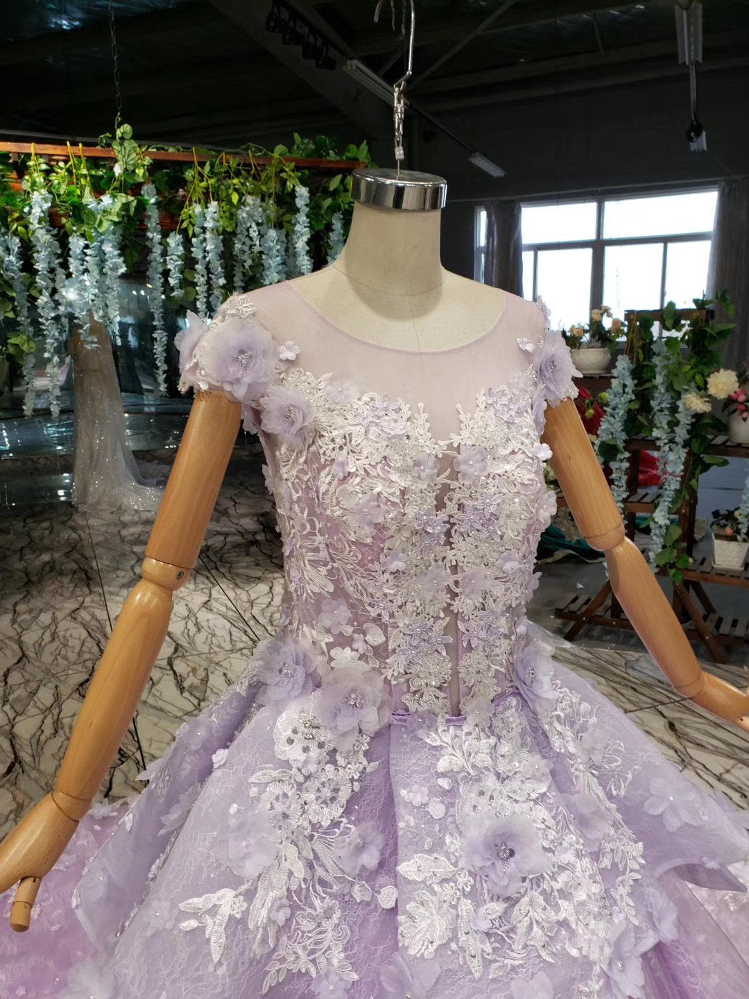 Lilac Ball Gown Short Sleeve Prom Dresses with Flowers, Gorgeous Quinceanera Dress N2626
