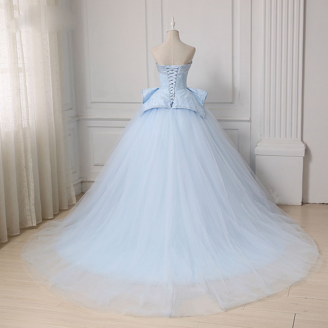 Light Blue Sweetheart Ball Gown Beading Tulle Prom Dress, Sweep Train Quinceanera Dress N2540