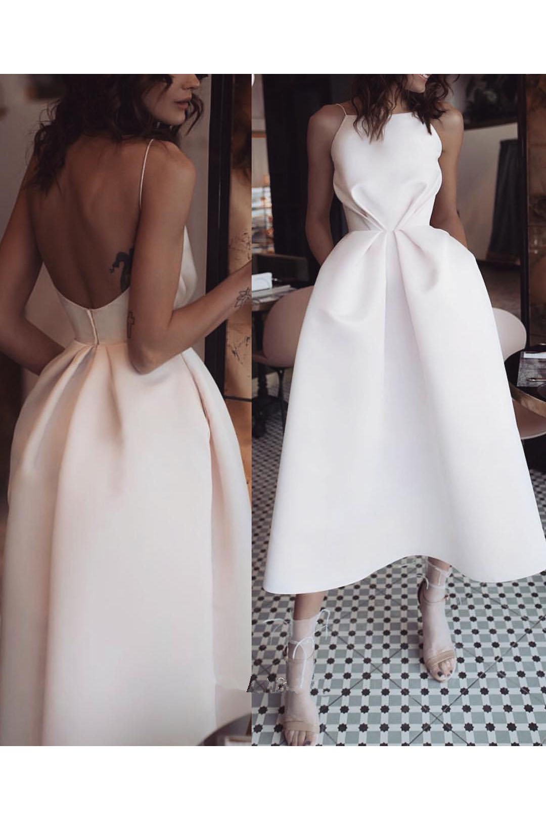 White Unique Tea Length Satin Party Dress, Spaghetti Straps Backless Prom Dress N2531