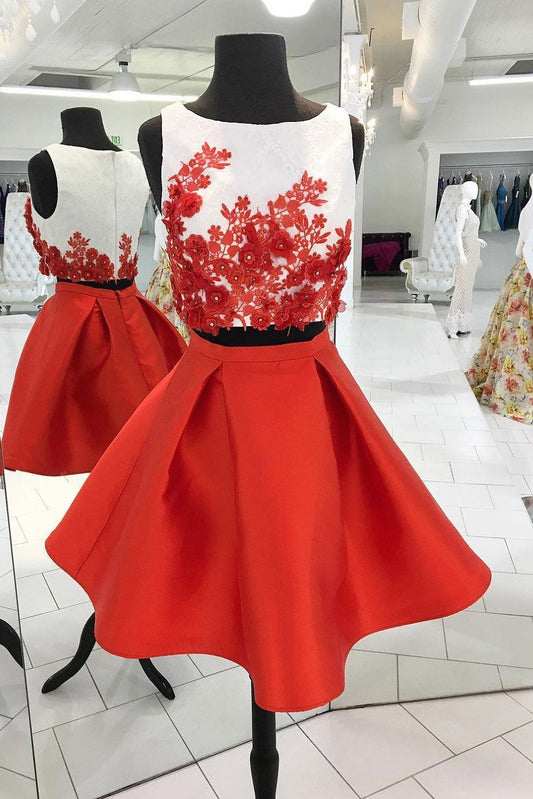 Red Two Piece Homecoming Dresses,Cute Appliqued Satin Homecoming Gown,Short Prom Dress,N190