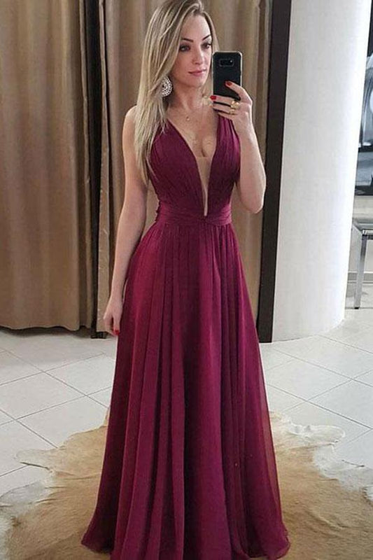 A Line Sexy V Neck Chiffon Prom Dress with Pleats, Floor Length Bridesmaid Dresses N1294