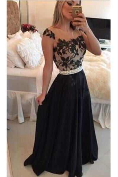 Sheer Lace Black Chiffon Backless Prom Gowns,Capped Sleeves Pearls Belt Evening Gowns N37