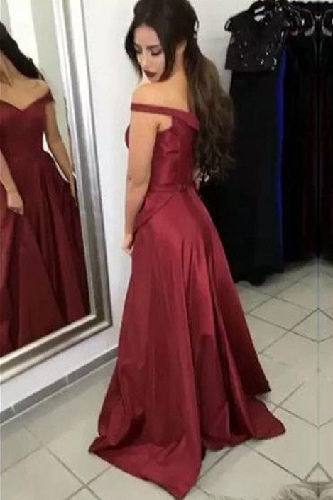 Satin Off the Shoulder A-line Sweep Train Sashes Sweetheart Burgundy Prom Dresses