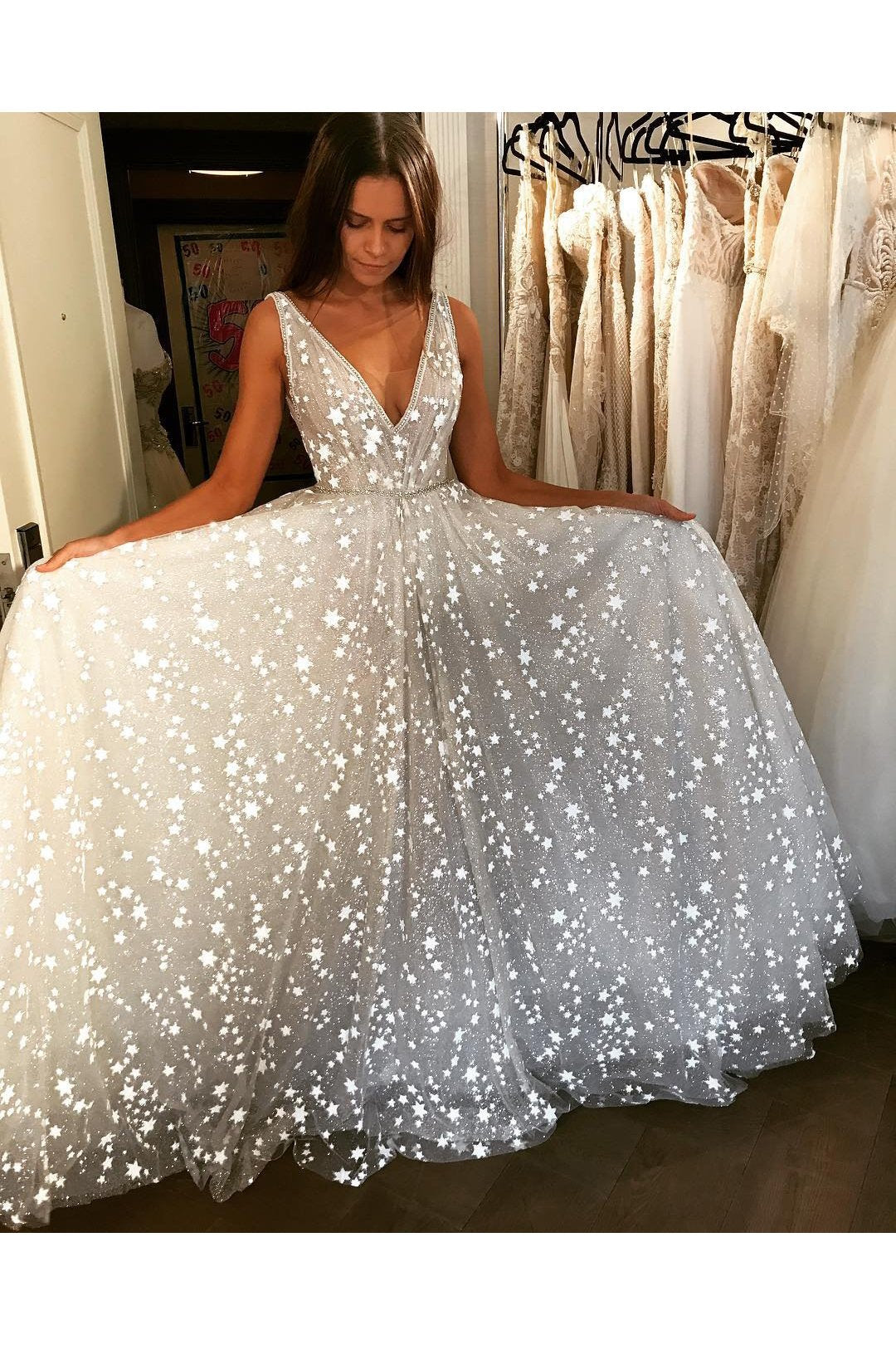 Glitter V Neck Sleeveless Floor Length Prom Dress, Sparkly Long Party Dresses N2596