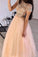 Floor Length Round Neck Tulle Prom Dress with Beading, Short Sleeves Long Evening Dress N2205