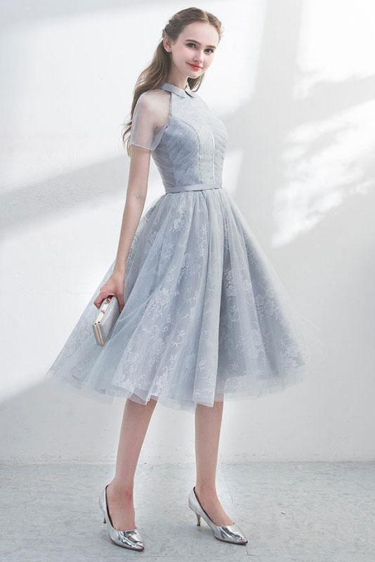 A Line Short Sleeves Tulle Homecoming Dress with Lace, Cute Short Prom Dress with Lace N1908