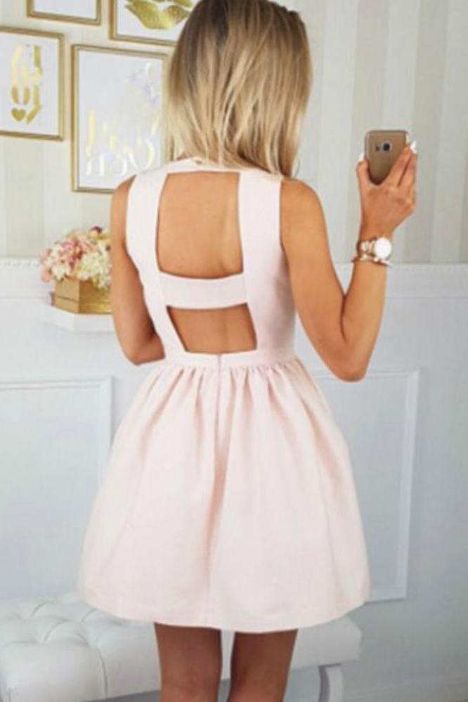 Unique V Neck Satin Homecoming Dress with Pocket, Short Prom Dress with Open Back N1893
