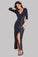 Unique 3/4 Sleeves Sheath Pleated Split Dark Navy Blue V Neck Long Prom Dresses XU90820