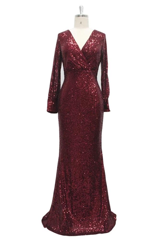 Long Split Sleeve Mermaid V Neck Rose Gold Sequins Prom Dresses, Formal Dress XU90814
