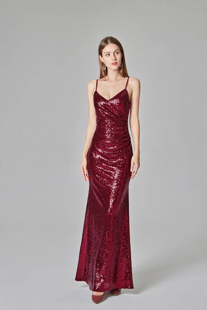Spaghetti Straps Burgundy Prom Dresses Mermaid Sequins Party Dress, Dance Dresses XU90811