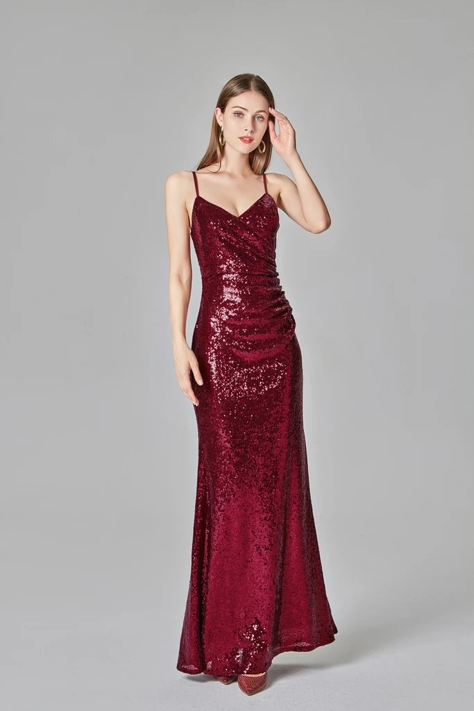 Spaghetti Straps Burgundy Prom Dresses Mermaid Sequins Party Dress, Dance Dresses XU90811