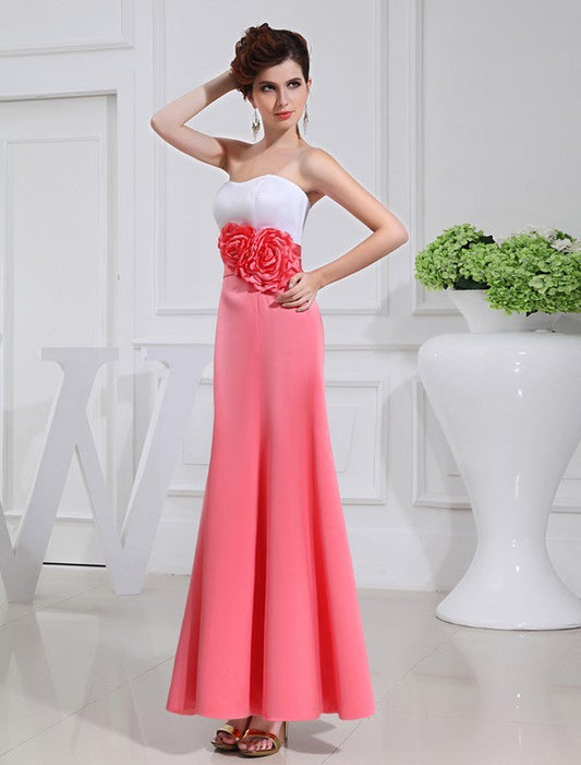 A-Line/Princess Hand-made Flower Sleeveless Satin Long Bridesmaid Dresses CICIP0005839