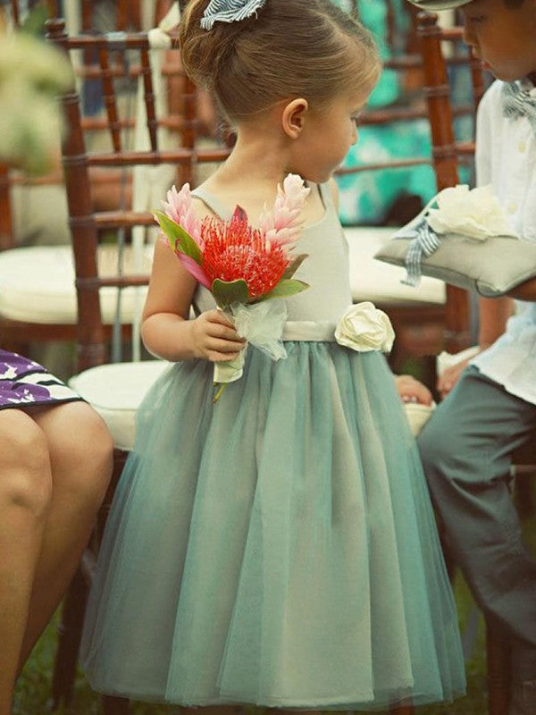 A-Line/Princess Sleeveless Square Tea-Length Hand-Made Flower Tulle Flower Girl Dresses CICIP0007599
