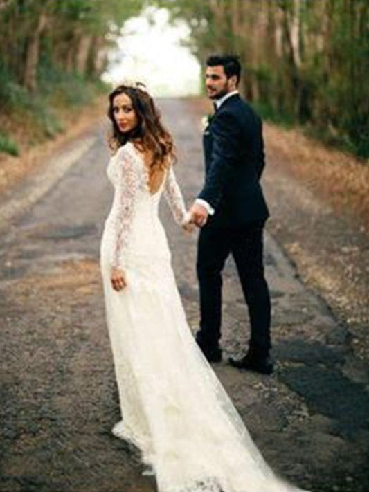 Sheath/Column Long Sleeves V-neck Court Train Applique Lace Wedding Dresses CICIP0006431