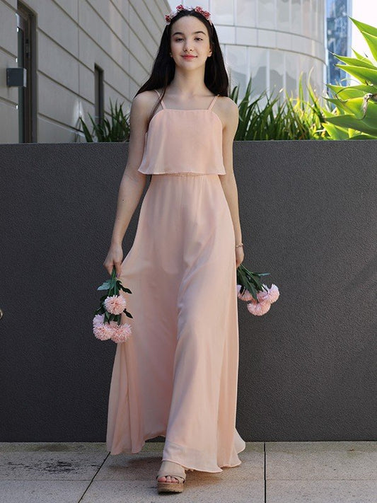 A-Line/Princess Chiffon Ruffles Spaghetti Straps Sleeveless Floor-Length Junior/Girls Bridesmaid Dresses CICIP0005879