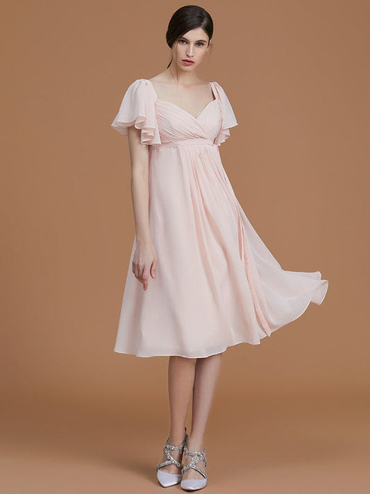 Empire Sweetheart Short Sleeves Knee-Length Ruched Chiffon Bridesmaid Dresses CICIP0005505