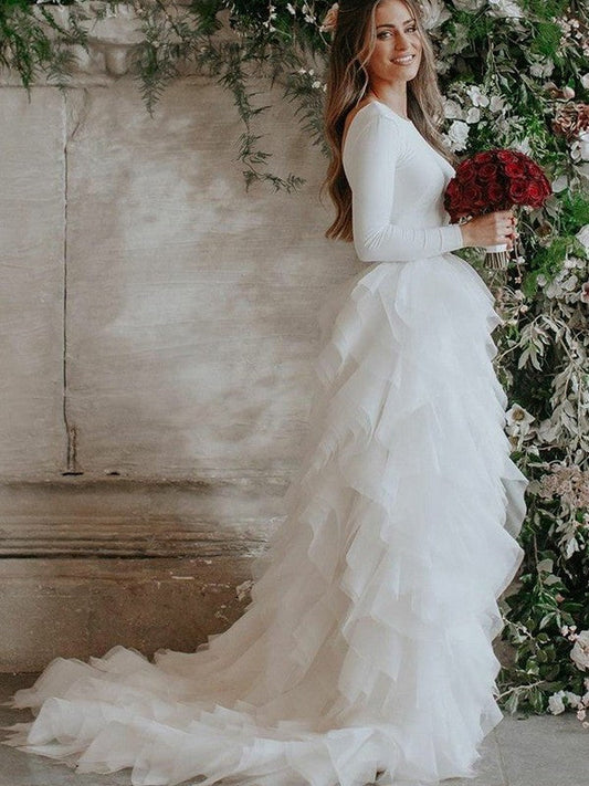 A-Line/Princess Tulle Ruffles Scoop Long Sleeves Sweep/Brush Train Wedding Dresses CICIP0005986