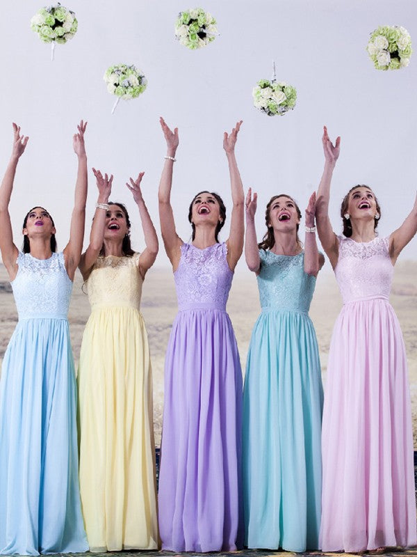 A-Line/Princess Scoop Sleeveless Floor-Length Lace Chiffon Bridesmaid Dresses CICIP0005408