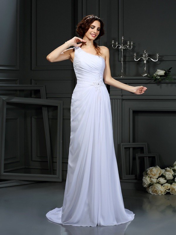 A-Line/Princess One-Shoulder Pleats Sleeveless Long Chiffon Wedding Dresses CICIP0006875
