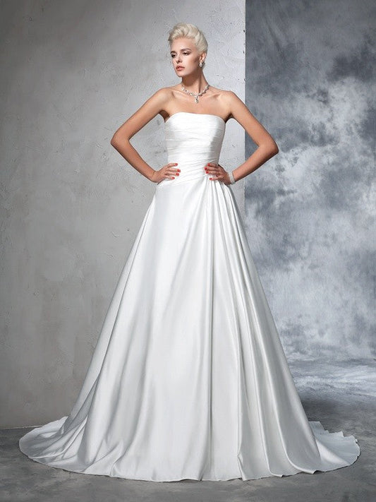 Ball Gown Strapless Ruched Sleeveless Long Satin Wedding Dresses CICIP0006591