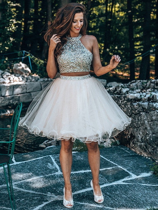 A-Line/Princess Scoop Beading Sleeveless Short/Mini Tulle Two Piece Homecoming Dresses CICIP0004446