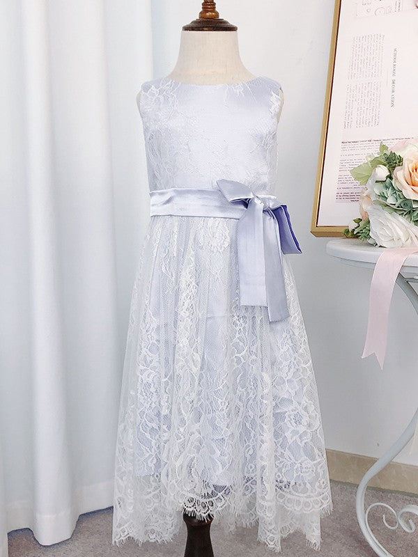 A-Line/Princess Lace Bowknot Scoop Sleeveless Tea-Length Flower Girl Dresses CICIP0007934