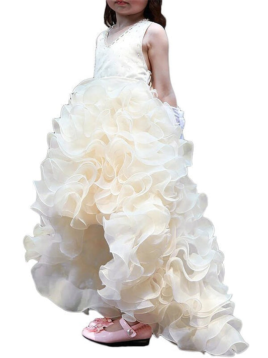 A-line/Princess V-neck Sleeveless Asymmetrical Organza Ruffles Flower Girl Dresses CICIP0007808