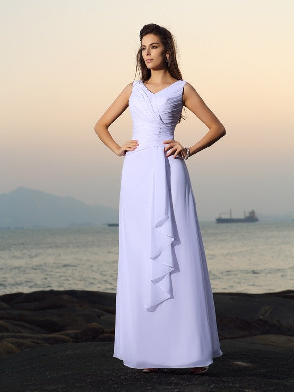 A-Line/Princess V-neck Pleats Sleeveless Long Chiffon Beach Wedding Dresses CICIP0006534