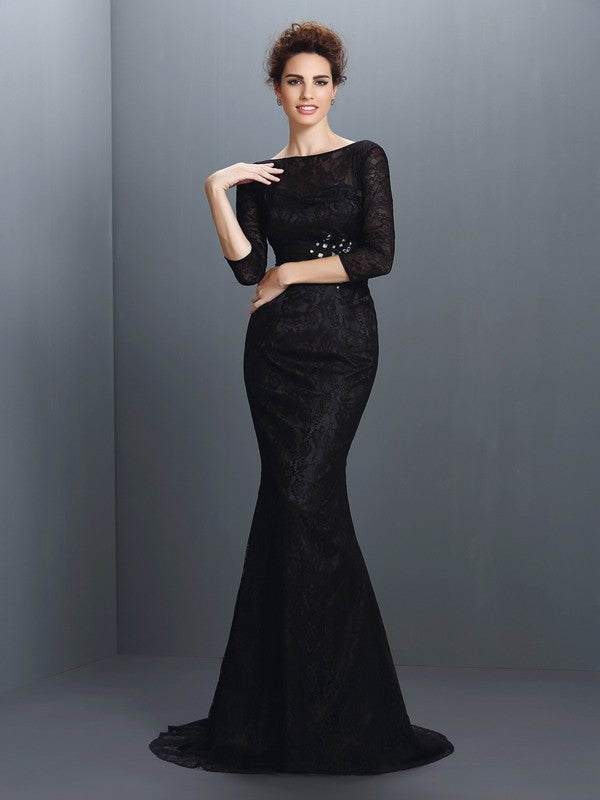 Trumpet/Mermaid Bateau Lace 3/4 Sleeves Long Elastic Woven Satin Mother of the Bride Dresses CICIP0007123
