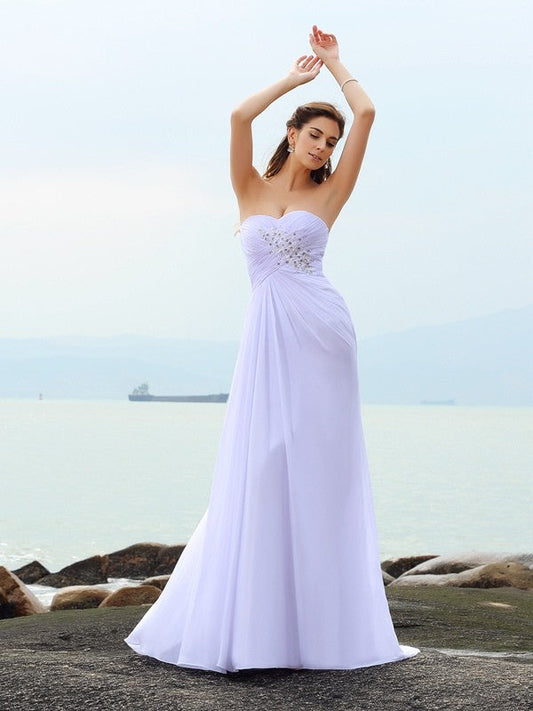 Sheath/Column Sweetheart Beading Sleeveless Long Chiffon Beach Wedding Dresses CICIP0006245
