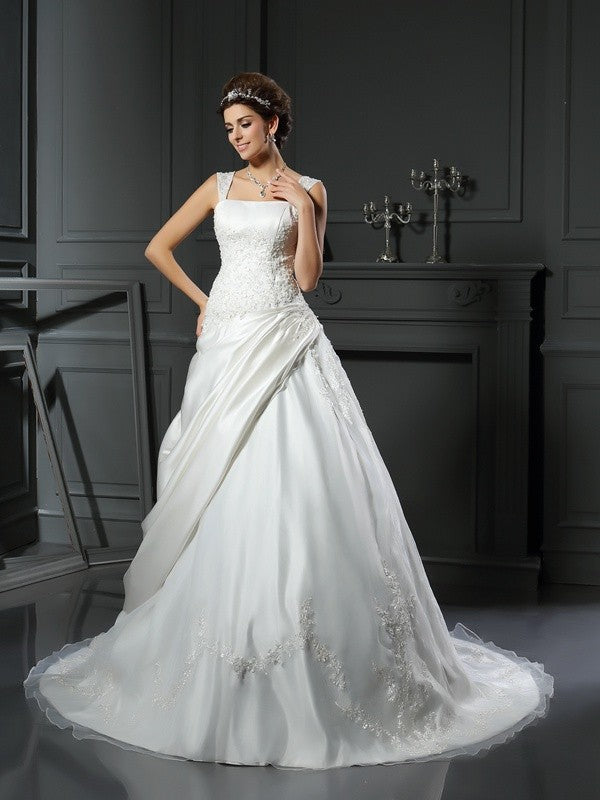 Ball Gown Straps Applique Sleeveless Long Satin Wedding Dresses CICIP0006763