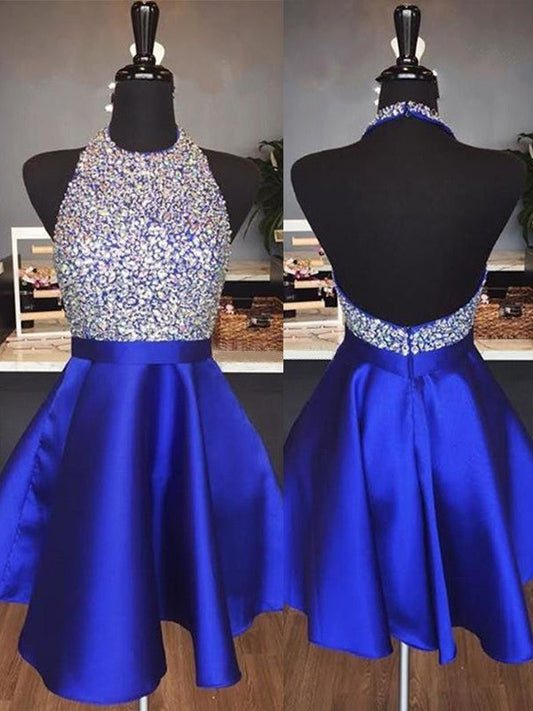 A-Line Halter Cut Short With Beading Satin Royal Blue Homecoming Dresses CICIP0007998