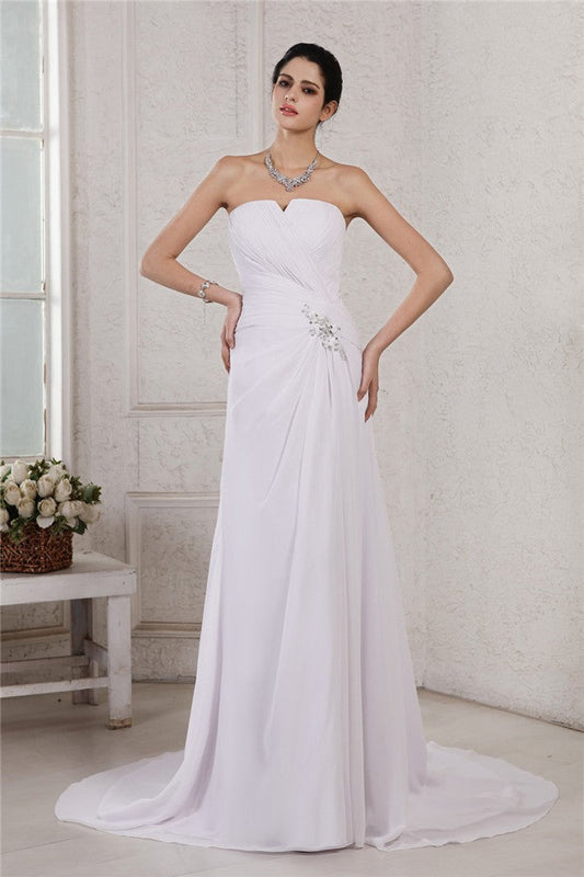 Sheath/Column Strapless Sleeveless Beading Applique Pleats Long Chiffon Wedding Dresses CICIP0006983