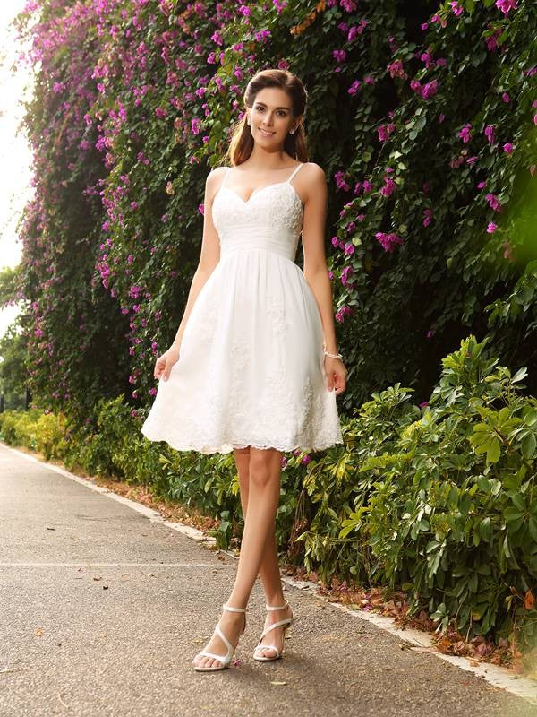 A-Line/Princess Spaghetti Straps Applique Sleeveless Short Lace Wedding Dresses CICIP0006248