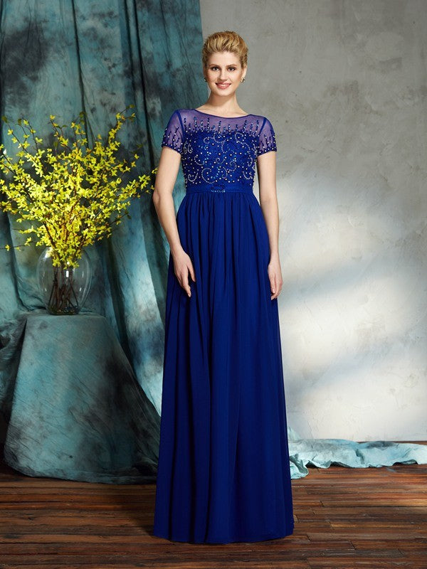 A-Line/Princess Scoop Beading Short Sleeves Long Chiffon Mother of the Bride Dresses CICIP0007371