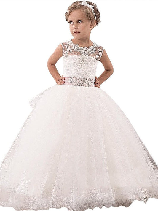 Ball Gown Scoop Sleeveless Lace Floor-Length Tulle Flower Girl Dresses CICIP0007581