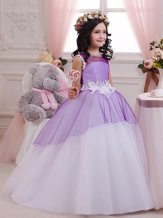 Ball Gown Jewel Sleeveless Applique Floor-Length Tulle Flower Girl Dresses CICIP0007658