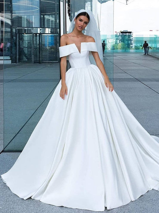 Ball Gown Satin Ruffles Off-the-Shoulder Sleeveless Court Train Wedding Dresses CICIP0006990